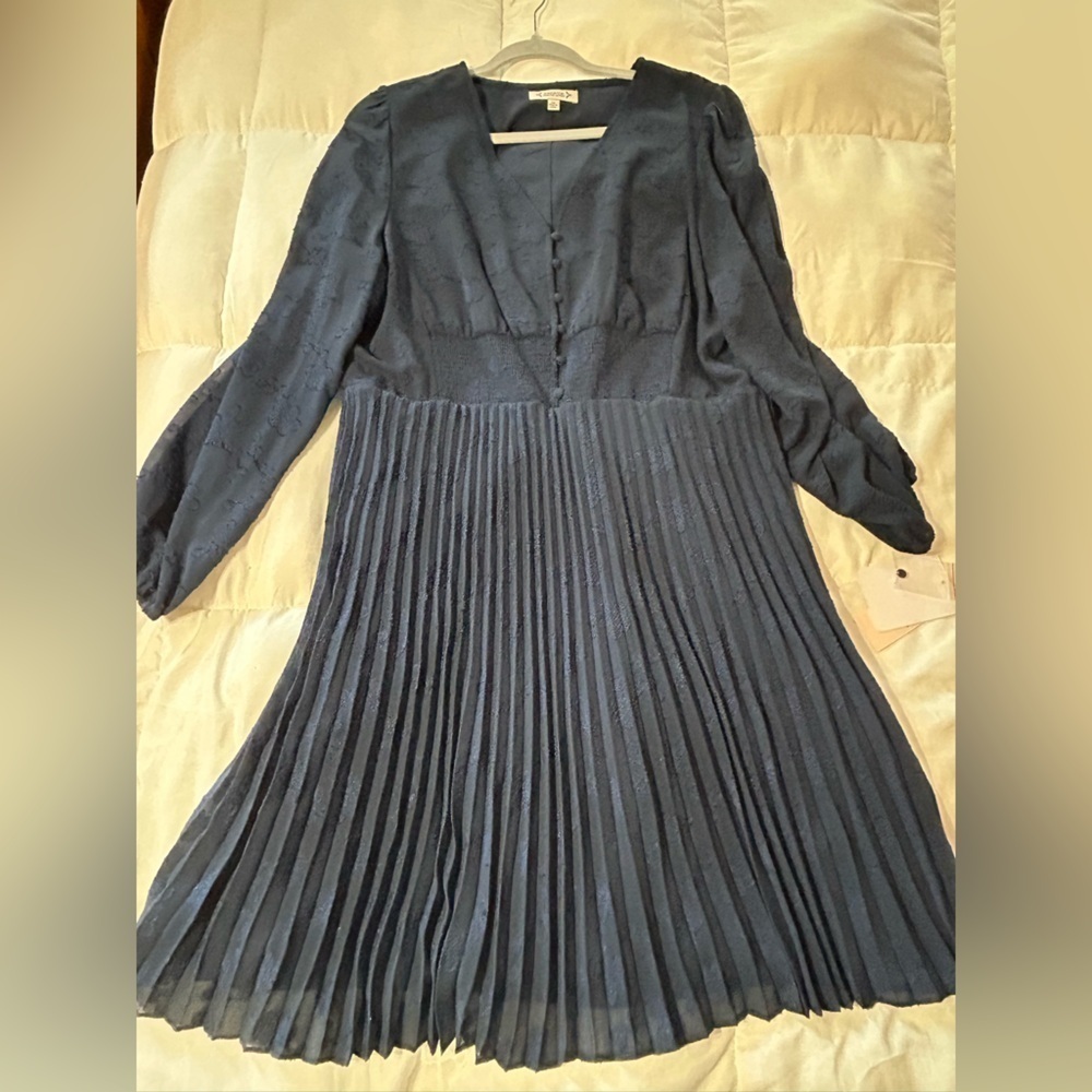 Nanette Lepore Navy Long Sleeve Pleated Midi Dress with Button Front